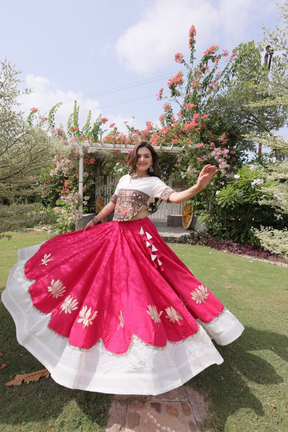 Roman Fabric Navratri Lehenga Choli with Kutchi Gamthi Embroidery Work styling view