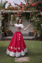 Roman Fabric Navratri Lehenga Choli with Kutchi Gamthi Embroidery Work full drape view