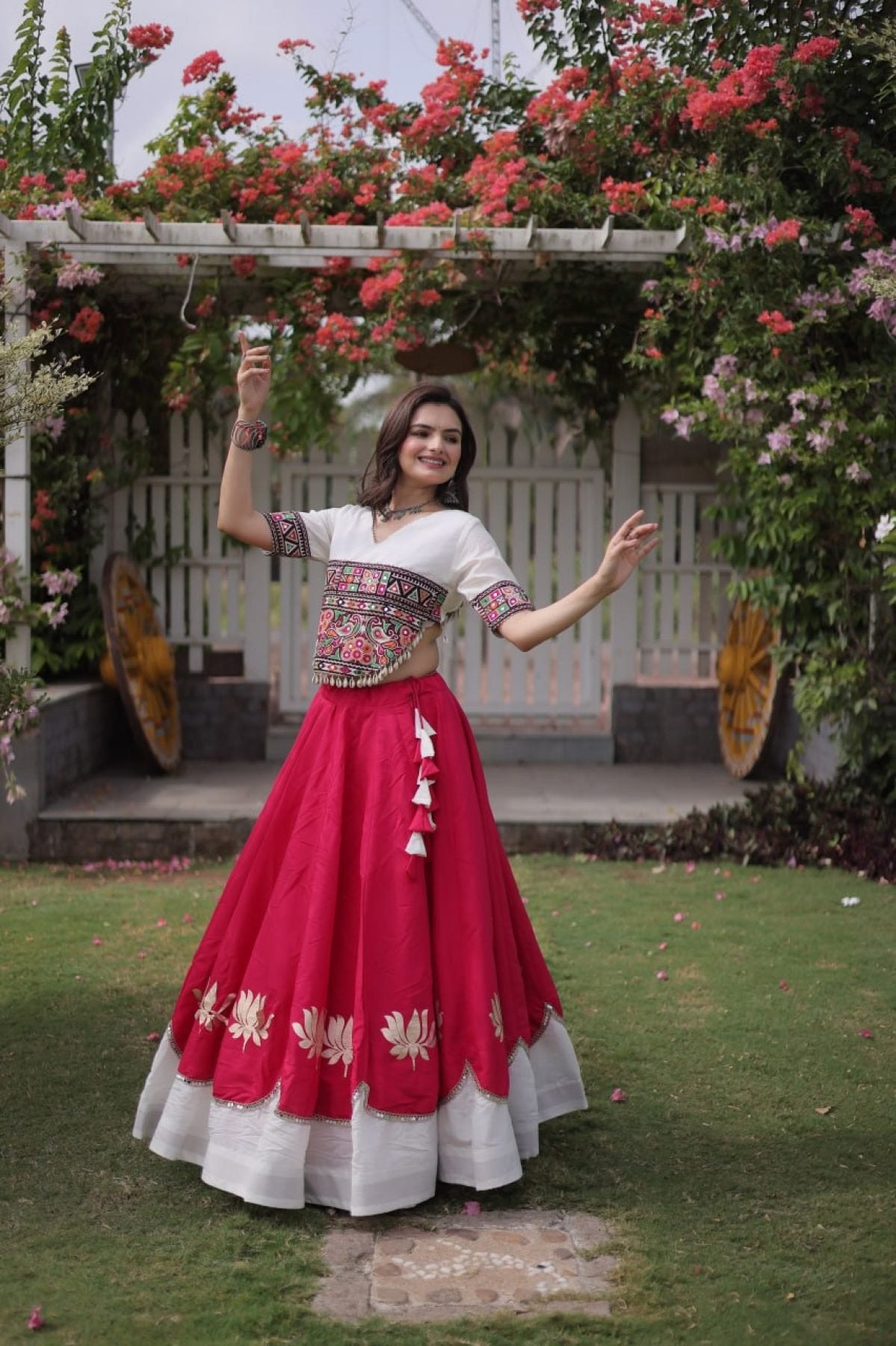 Roman Fabric Navratri Lehenga Choli with Kutchi Gamthi Embroidery Work full drape view