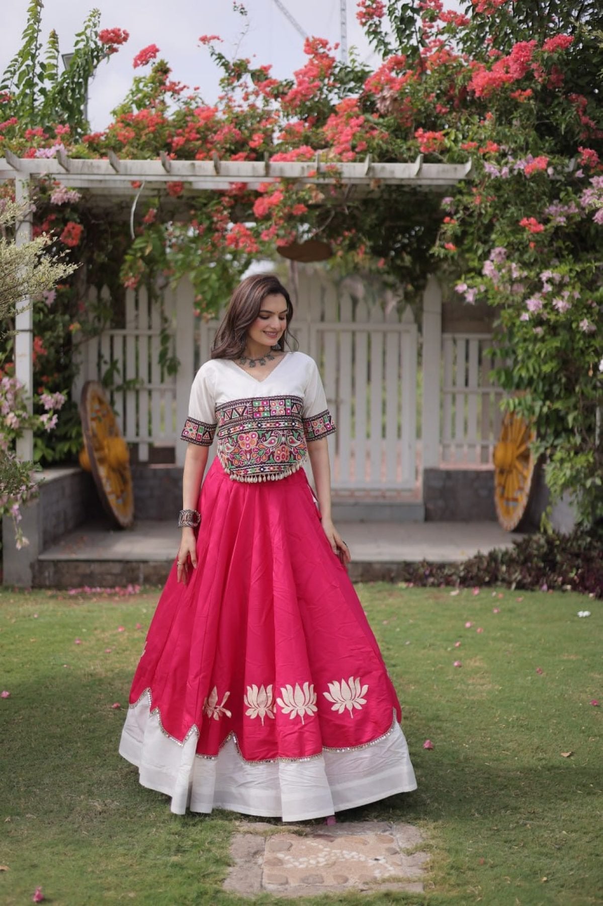 Roman Fabric Navratri Lehenga Choli with Kutchi Gamthi Embroidery Work blouse and dupatta detail