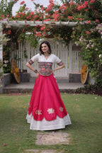 Roman Fabric Navratri Lehenga Choli with Kutchi Gamthi Embroidery Work detailed view