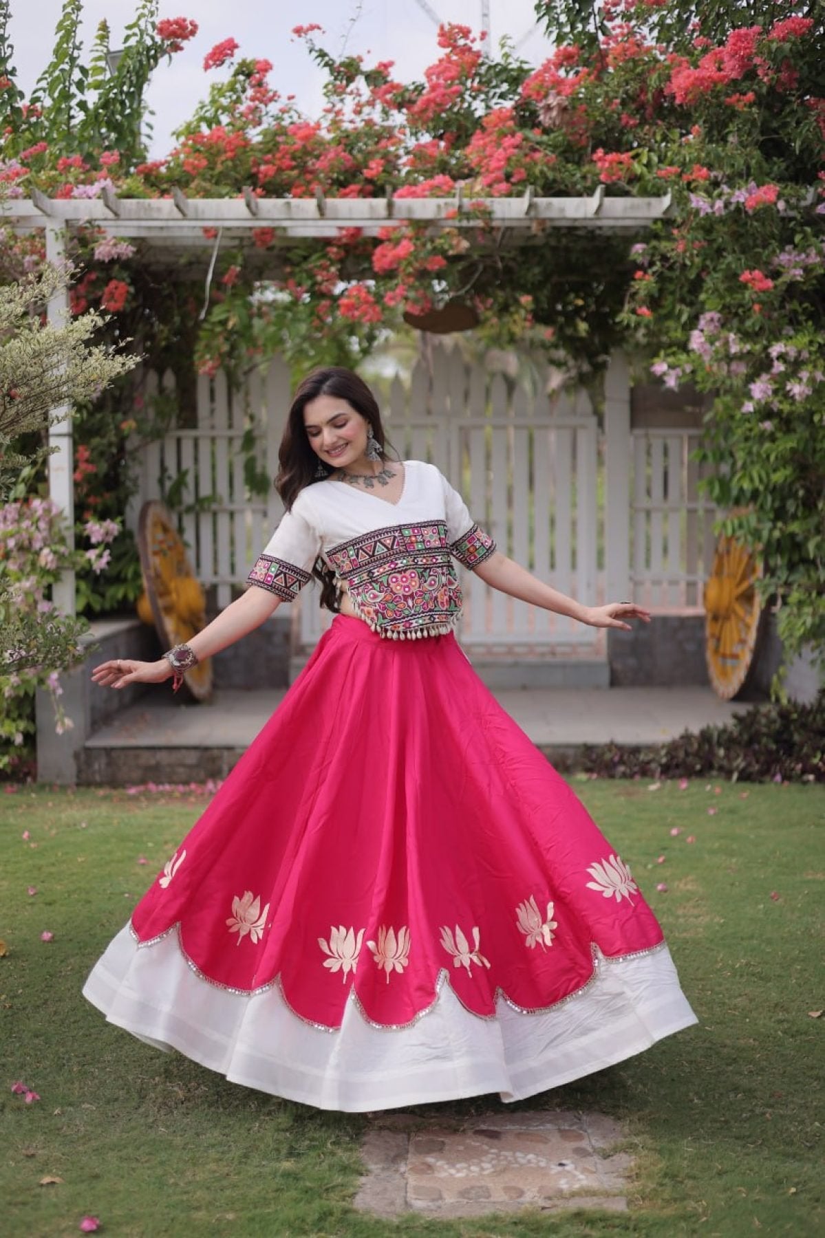 Roman Fabric Navratri Lehenga Choli with Kutchi Gamthi Embroidery Work detailed view