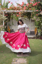 Roman Fabric Navratri Lehenga Choli with Kutchi Gamthi Embroidery Work styling view