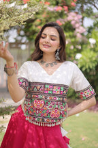 Roman Fabric Navratri Lehenga Choli with Kutchi Gamthi Embroidery Work colour variant view