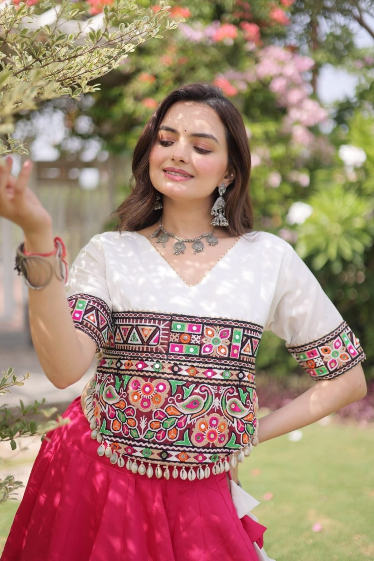 Roman Fabric Navratri Lehenga Choli with Kutchi Gamthi Embroidery Work colour variant view