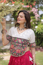 Roman Fabric Navratri Lehenga Choli with Kutchi Gamthi Embroidery Work front view