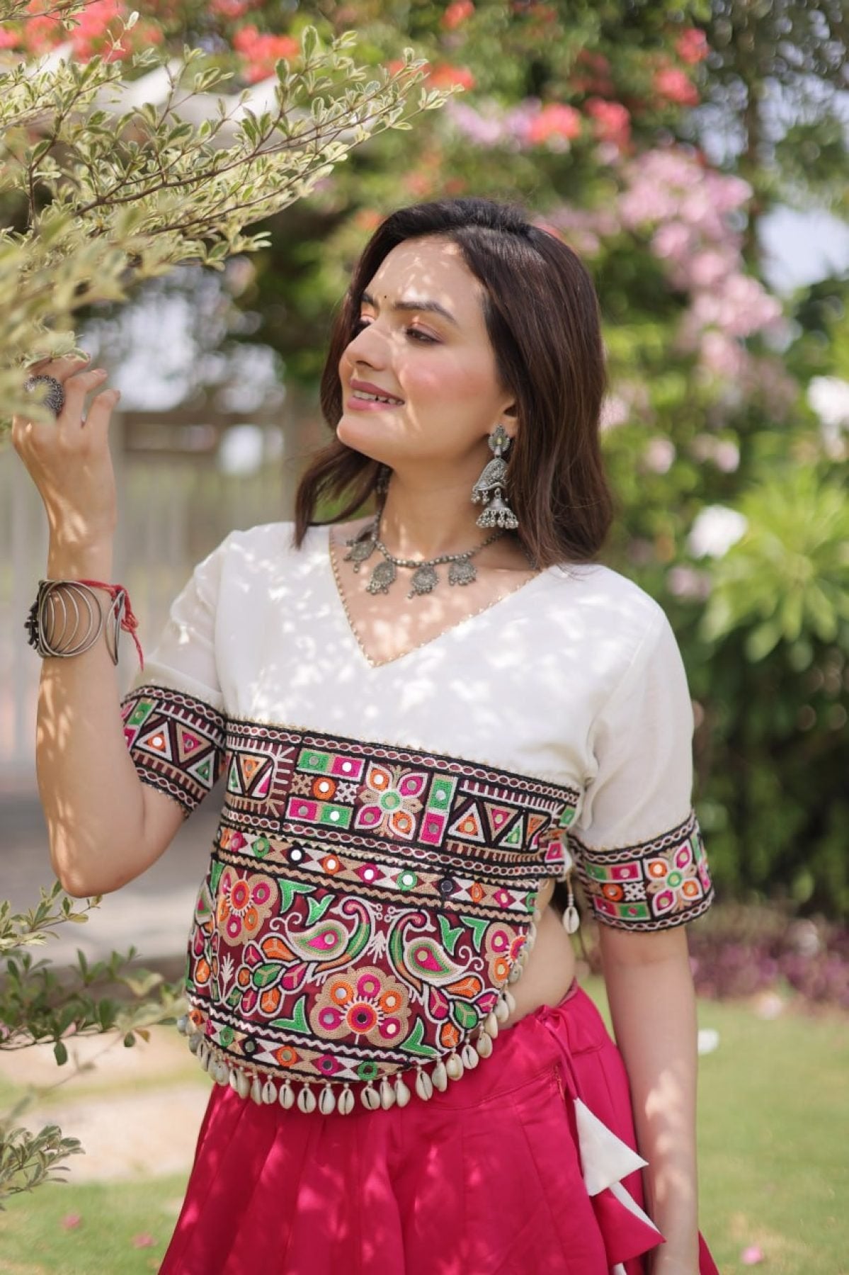 Roman Fabric Navratri Lehenga Choli with Kutchi Gamthi Embroidery Work front view