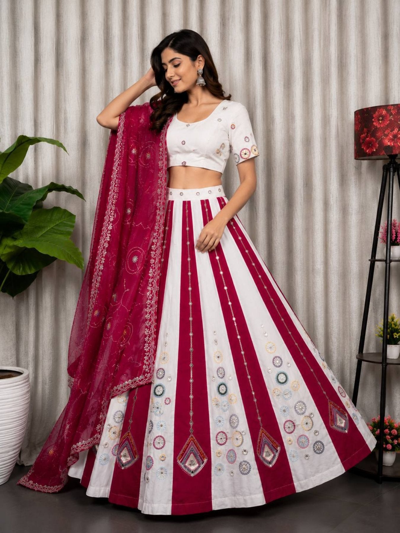 Pink White Roman Silk Bridal Style Lehenga Set with Multi Thread Embroidery full drape view
