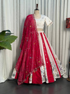 Pink White Roman Silk Bridal Style Lehenga Set with Multi Thread Embroidery full drape view