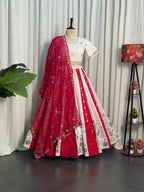 Pink White Roman Silk Bridal Style Lehenga Set with Multi Thread Embroidery blouse and dupatta detail