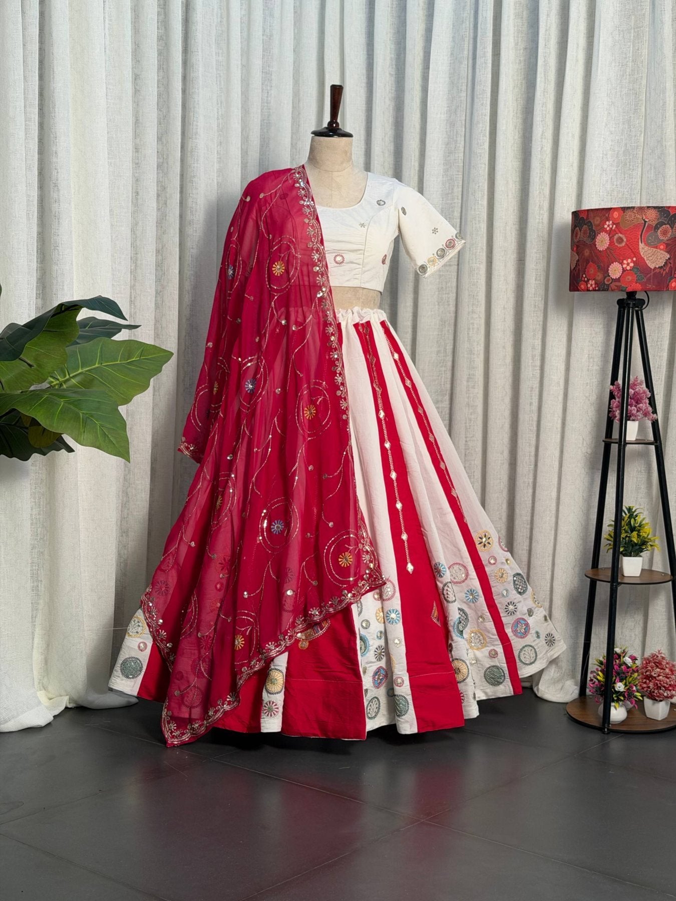 Pink White Roman Silk Bridal Style Lehenga Set with Multi Thread Embroidery blouse and dupatta detail