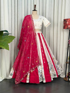 Pink White Roman Silk Bridal Style Lehenga Set with Multi Thread Embroidery detailed view