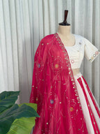 Pink White Roman Silk Bridal Style Lehenga Set with Multi Thread Embroidery fabric texture detail