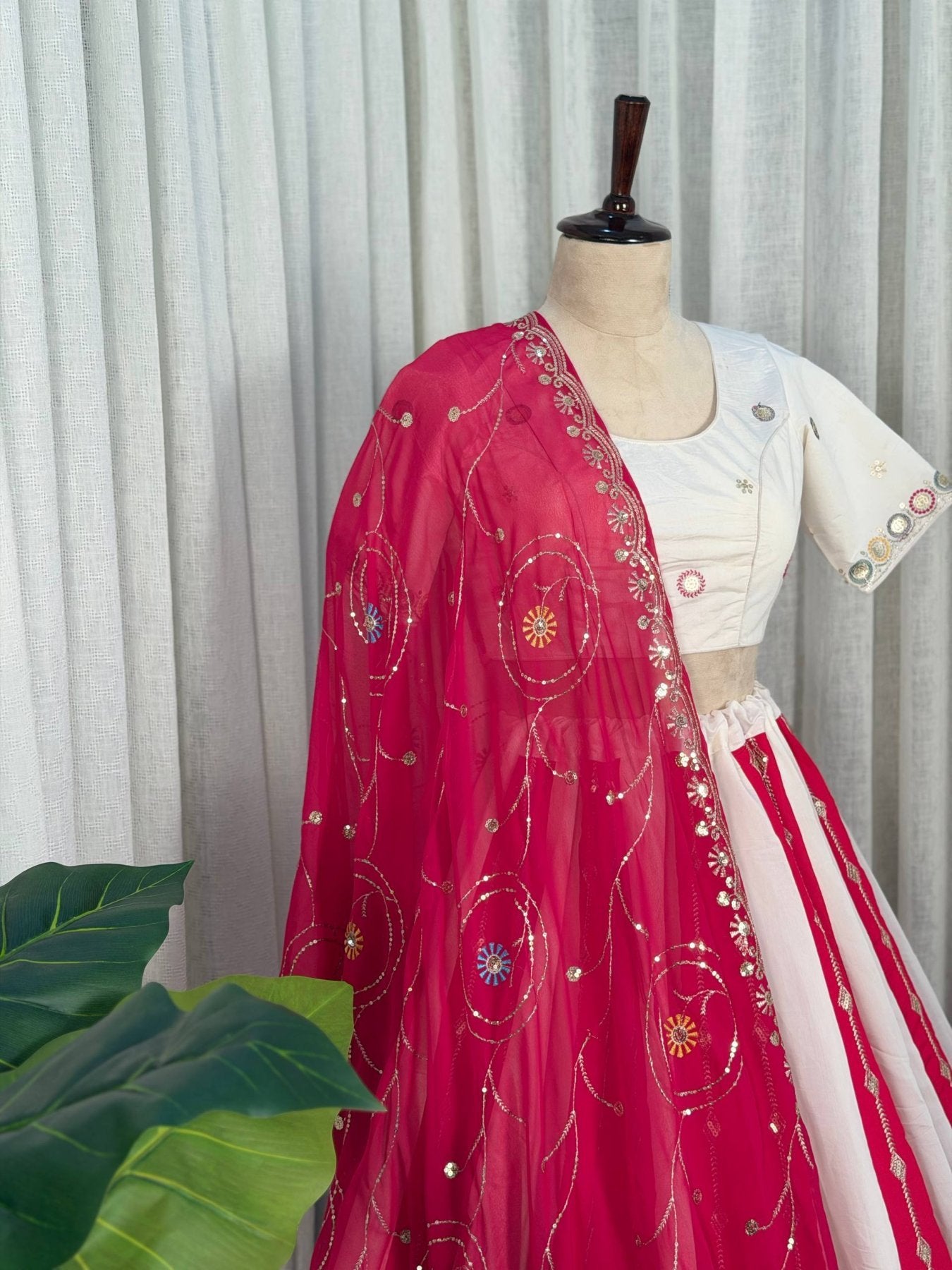 Pink White Roman Silk Bridal Style Lehenga Set with Multi Thread Embroidery fabric texture detail