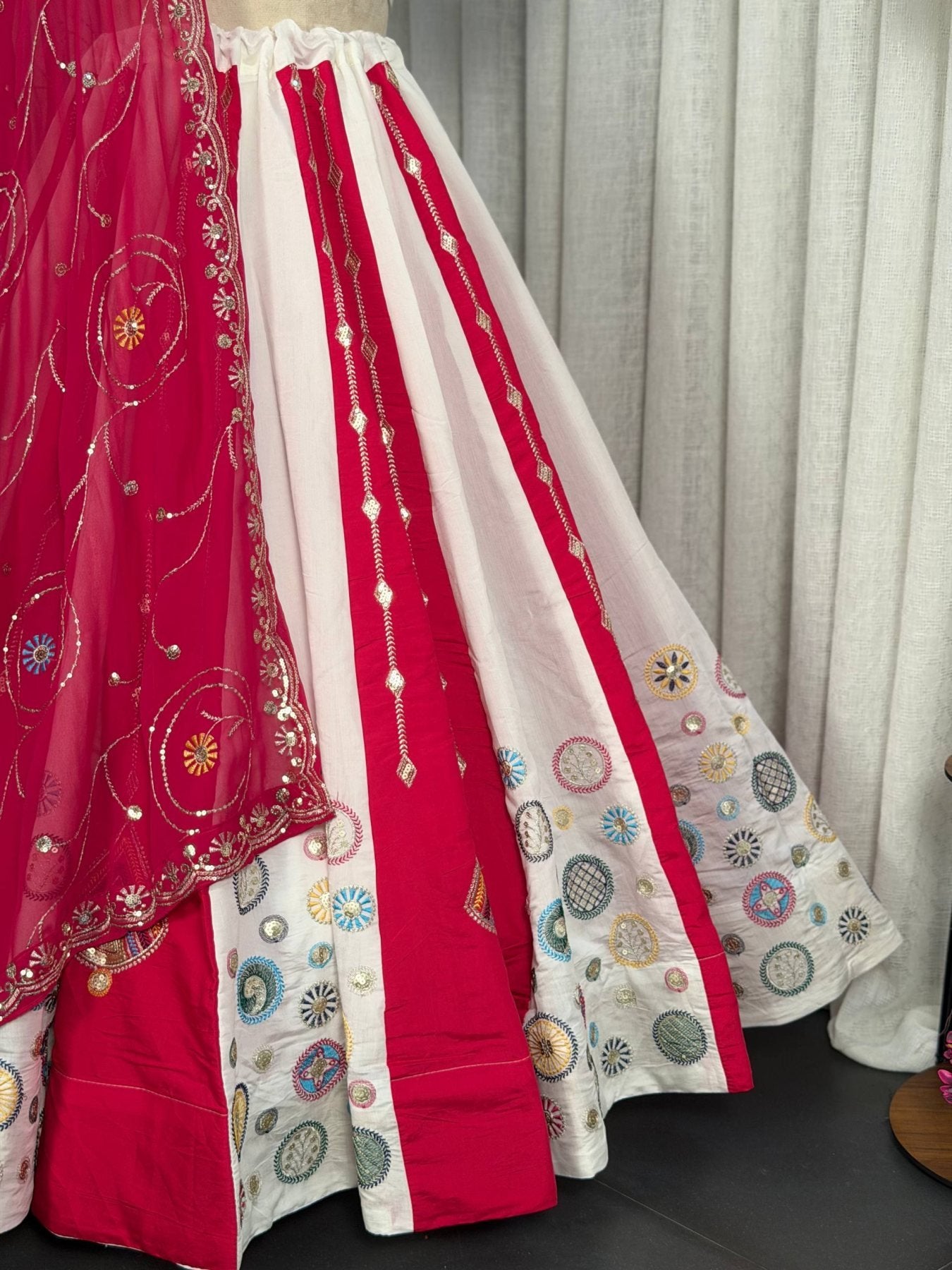 Pink White Roman Silk Bridal Style Lehenga Set with Multi Thread Embroidery back view