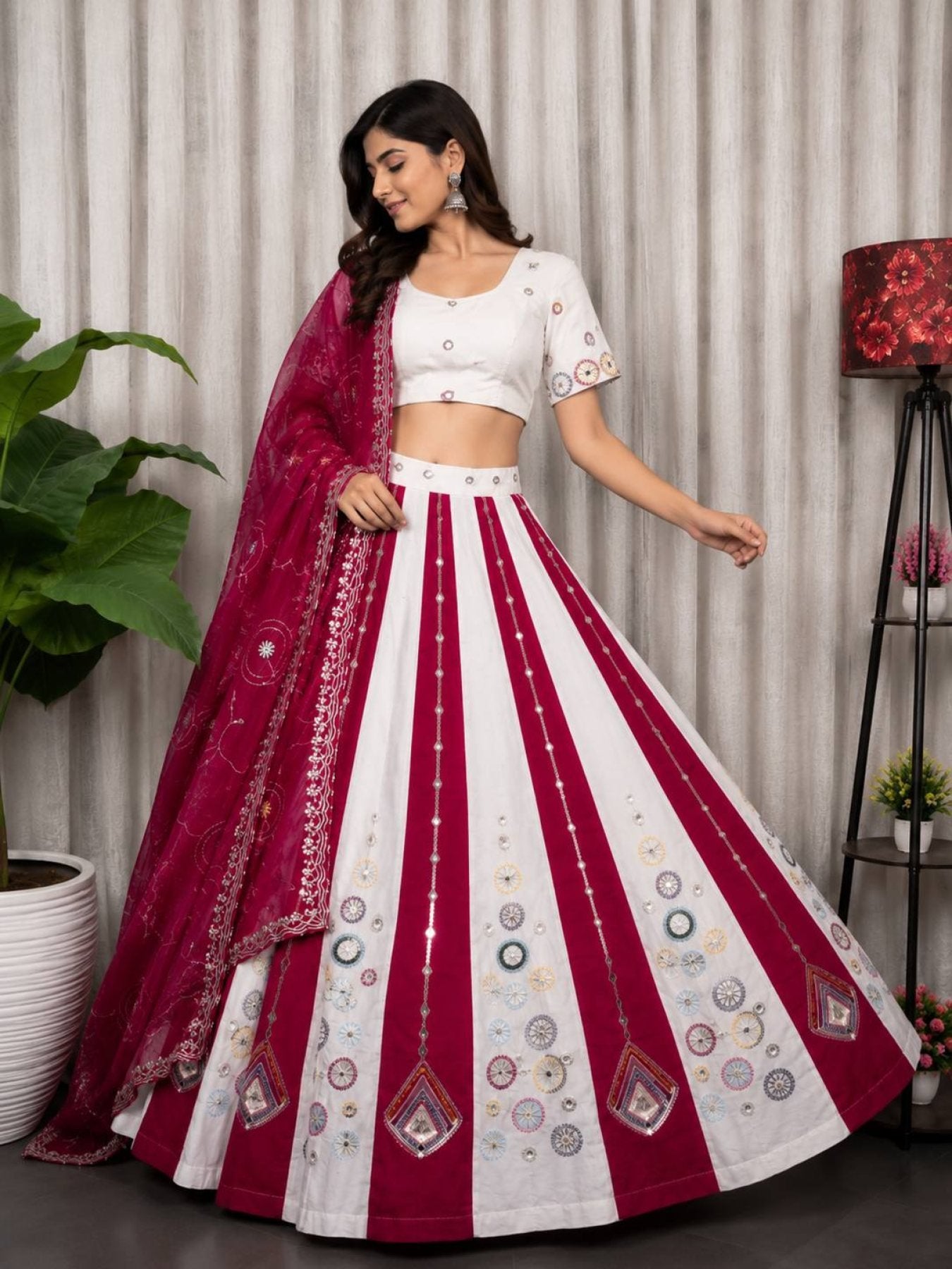 Pink White Roman Silk Bridal Style Lehenga Set with Multi Thread Embroidery front view