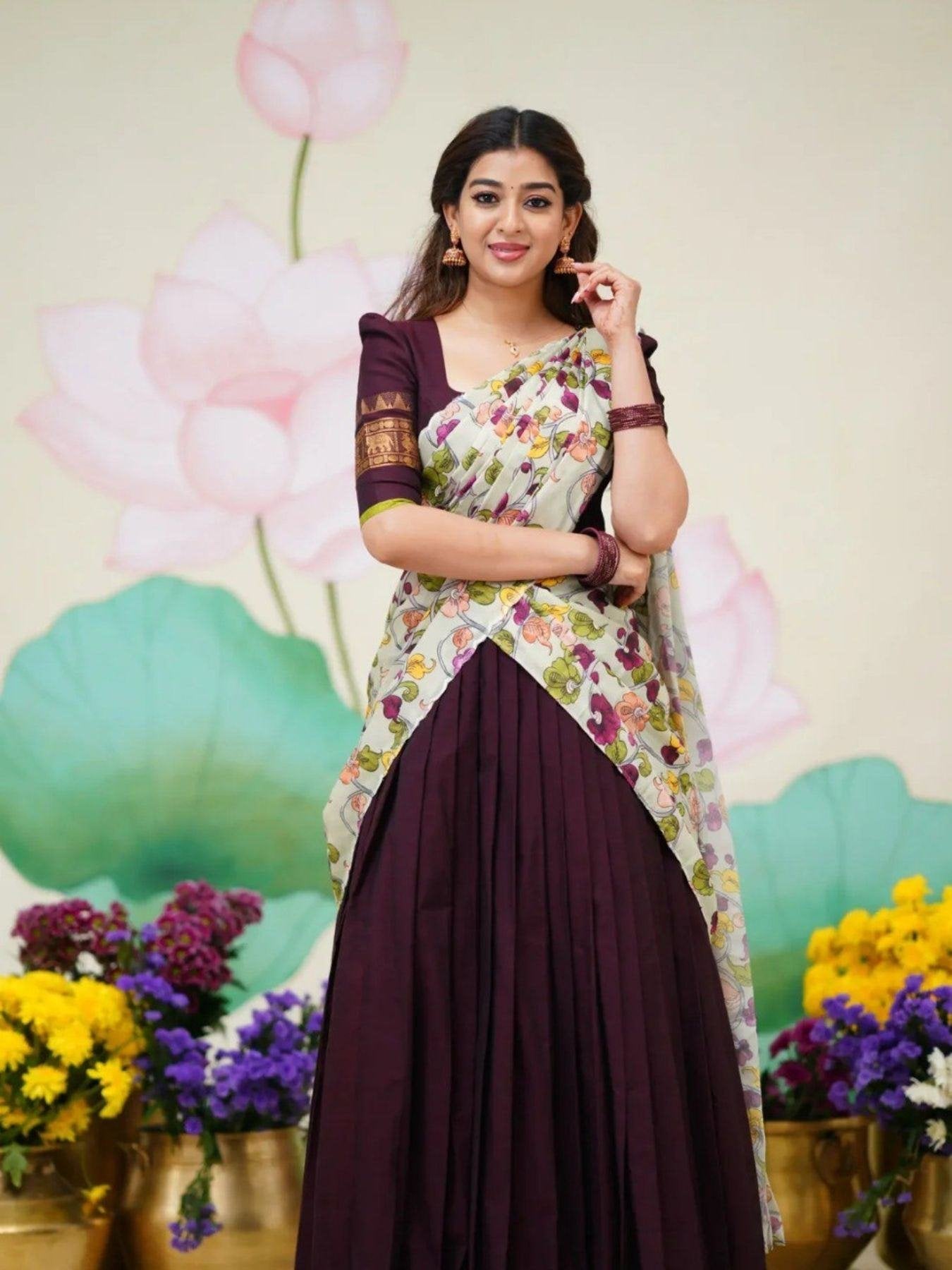 Color Kanjivaram Silk Zari Half Saree Lehenga with Linen Printed Dupatta back view