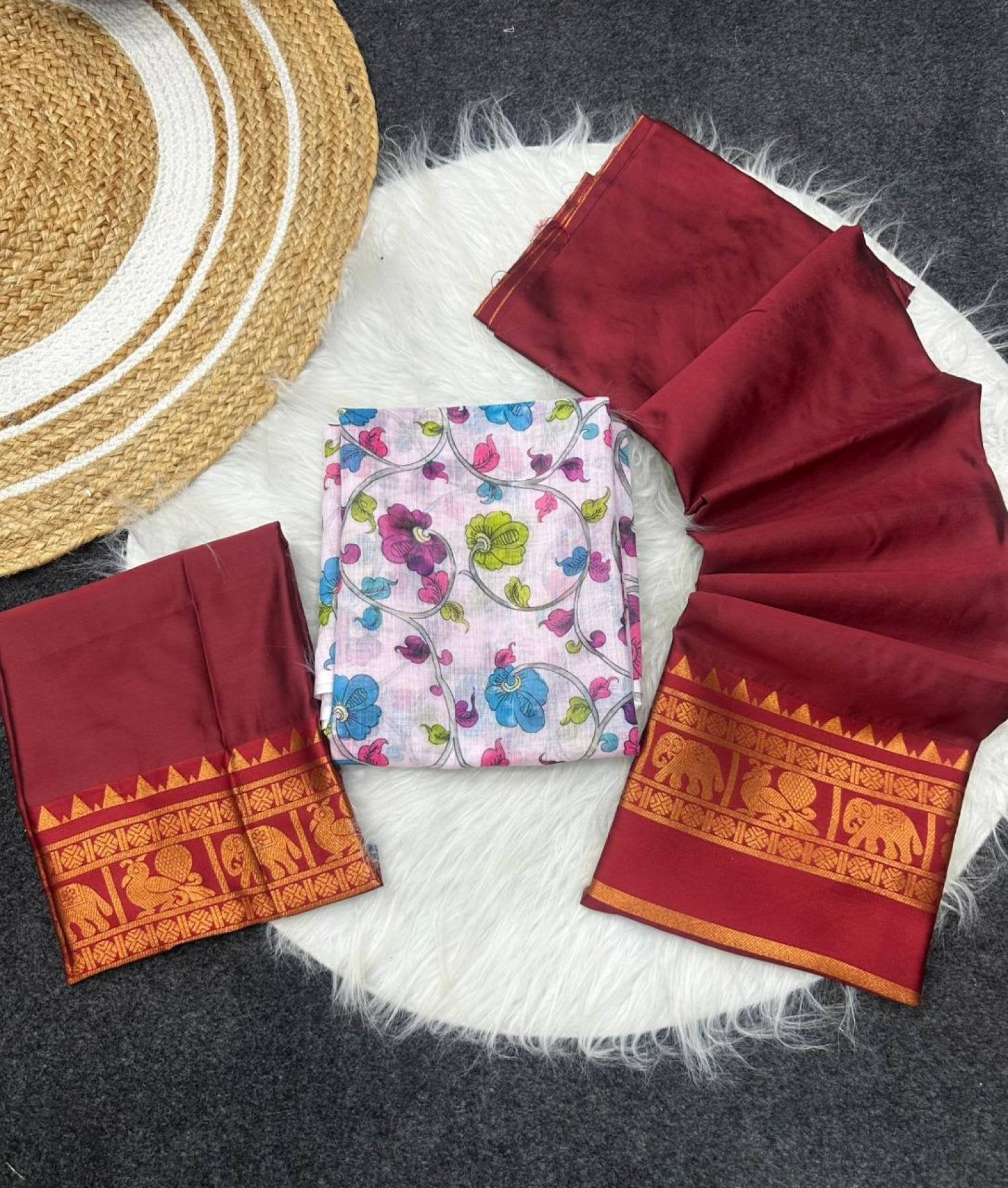Color Kanjivaram Silk Zari Half Saree Lehenga with Linen Printed Dupatta styling view
