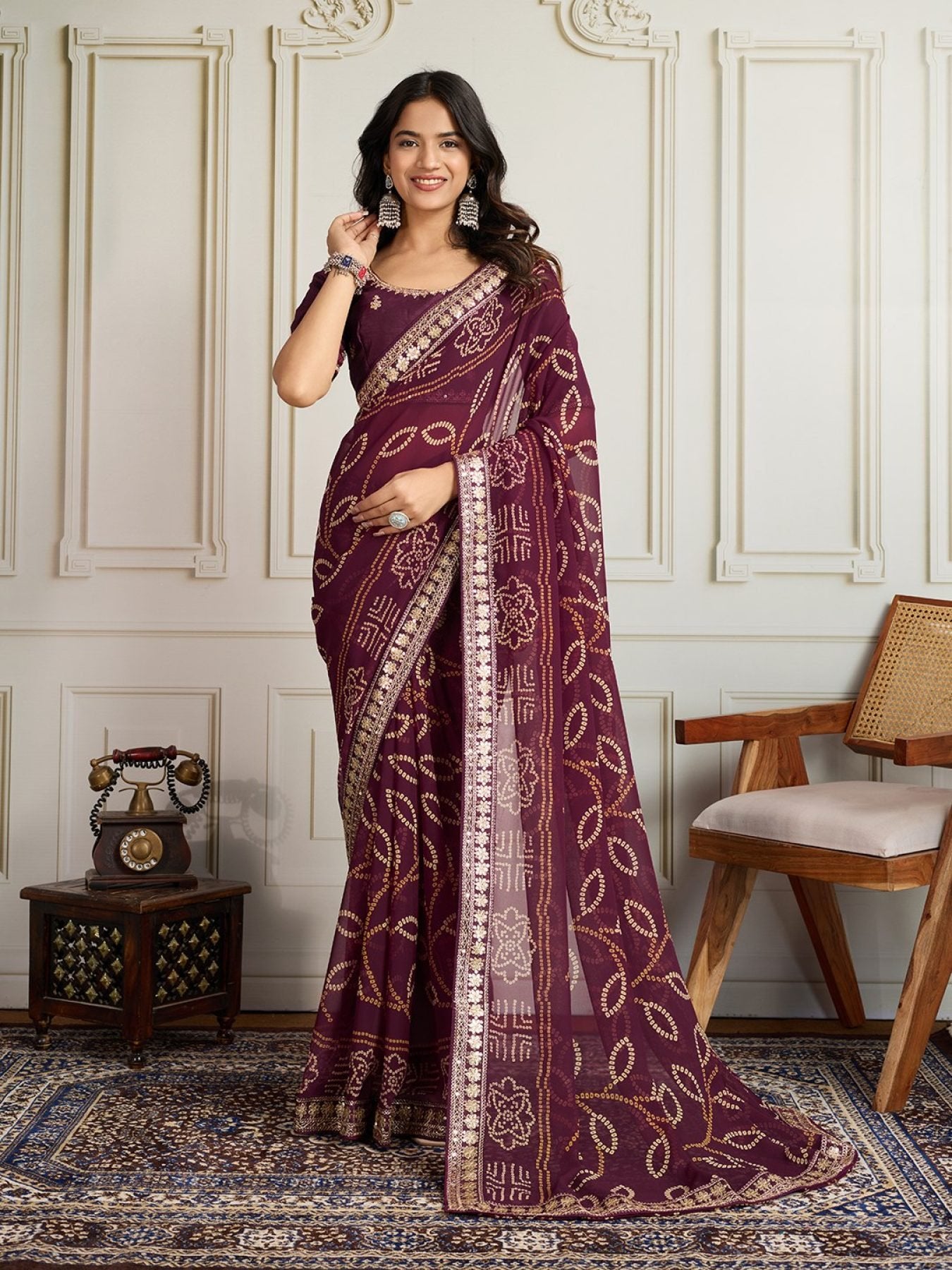 Wine Georgette Saree - drape and pallu detail