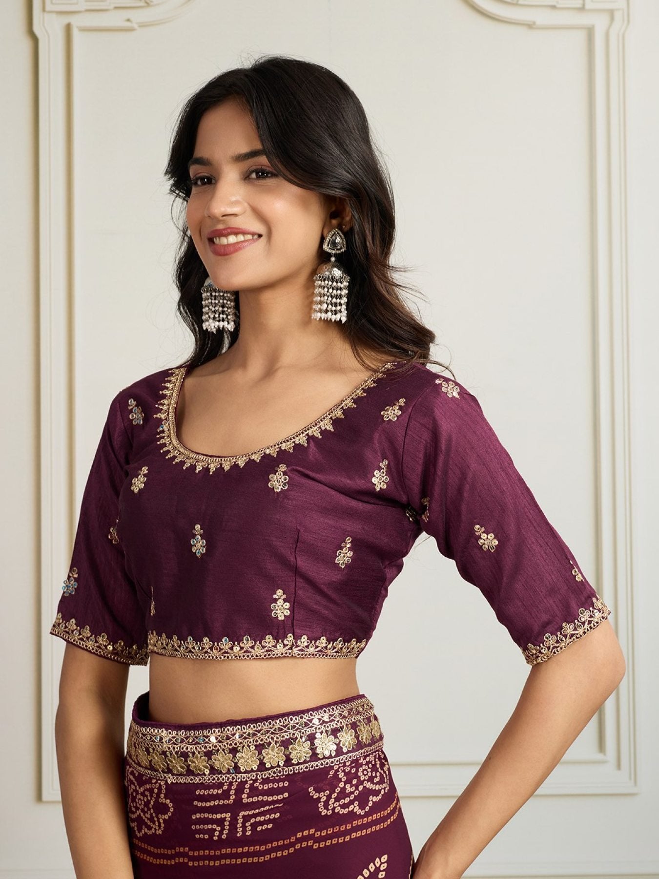 Wine Georgette Saree - side drape view