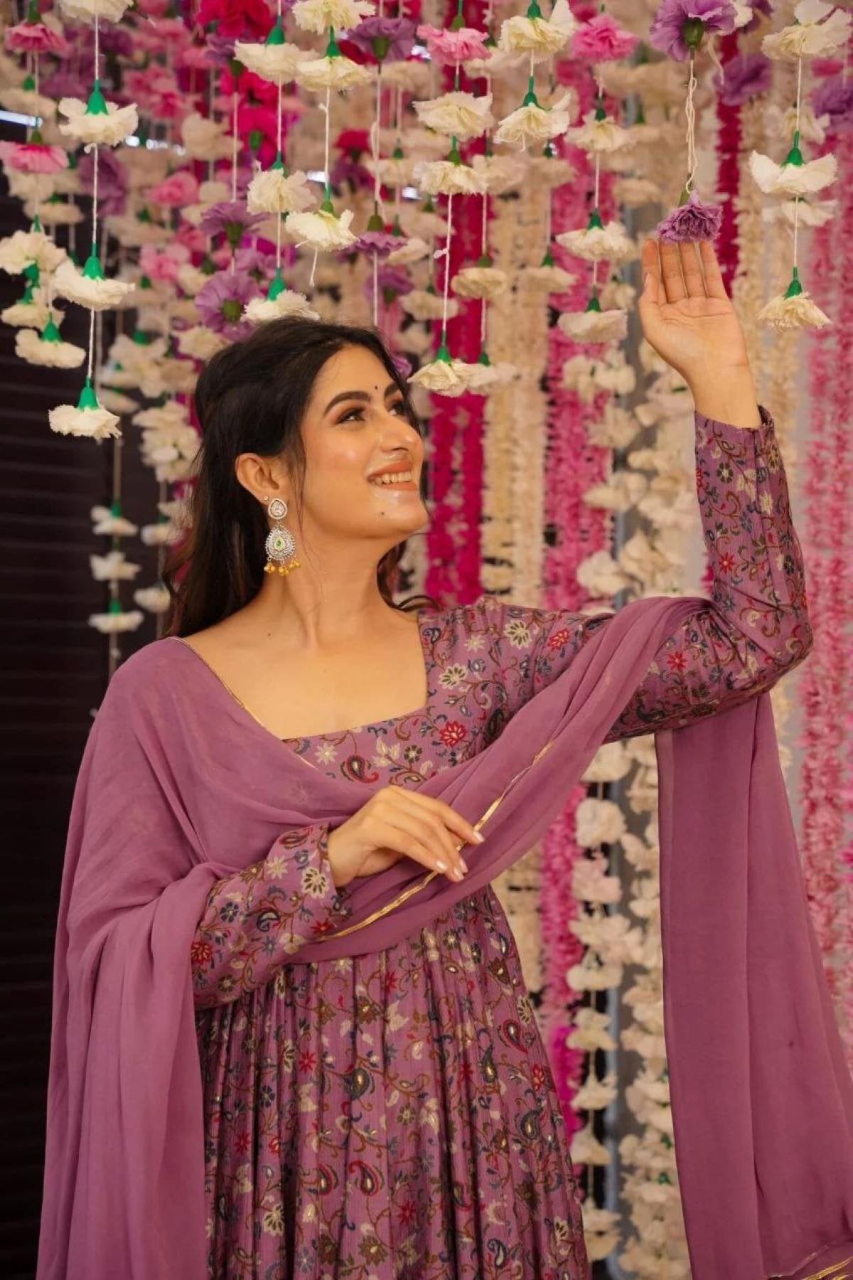 Floral Rayon Anarkali Kurta Set with Dupatta full set view