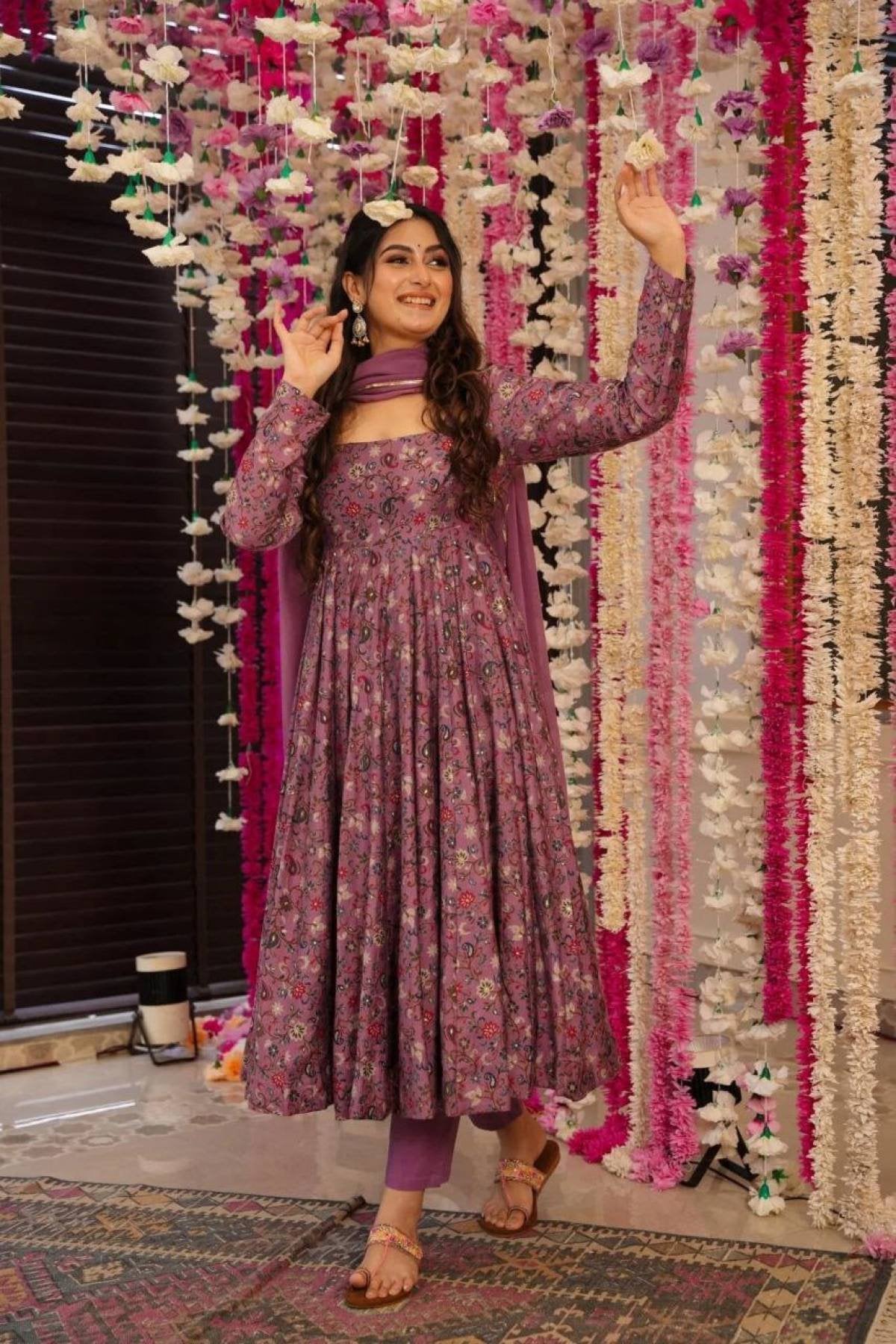 Floral Rayon Anarkali Kurta Set with Dupatta detailed view