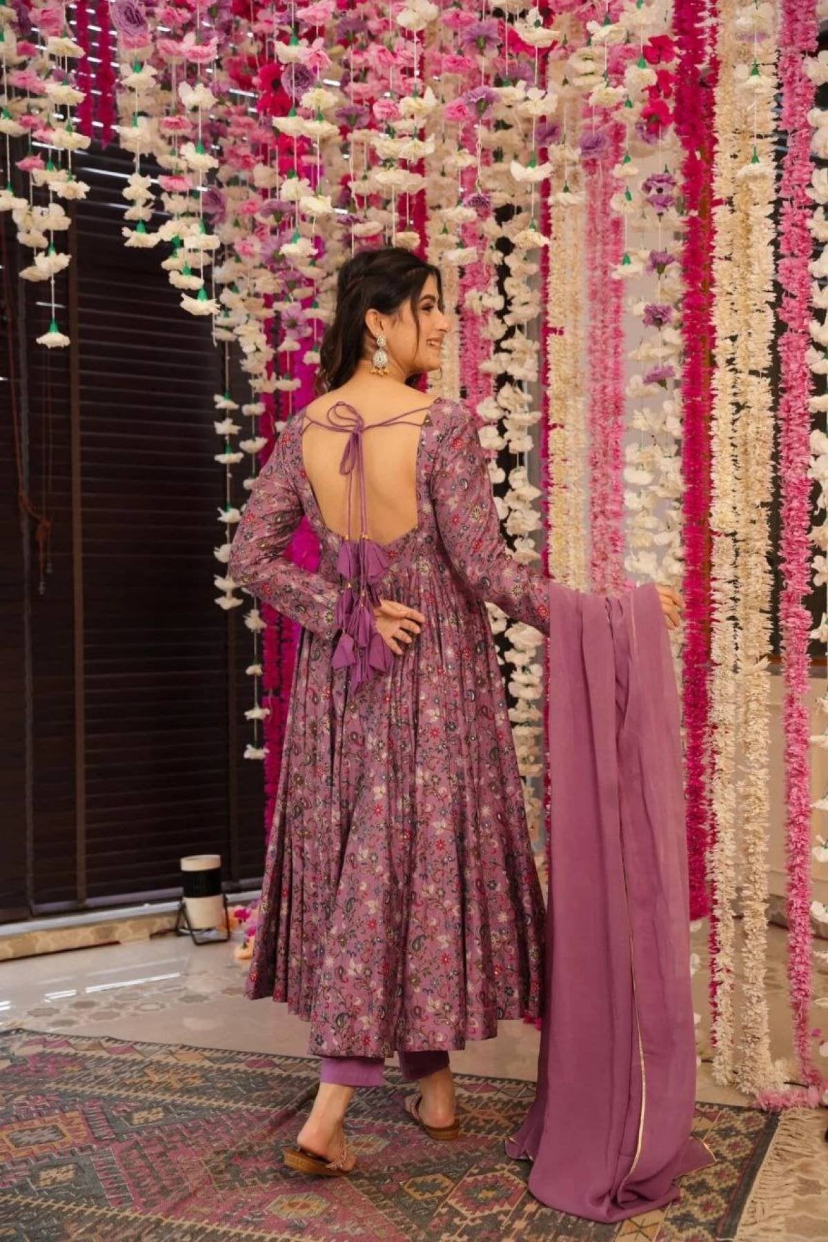 Floral Rayon Anarkali Kurta Set with Dupatta fabric texture detail