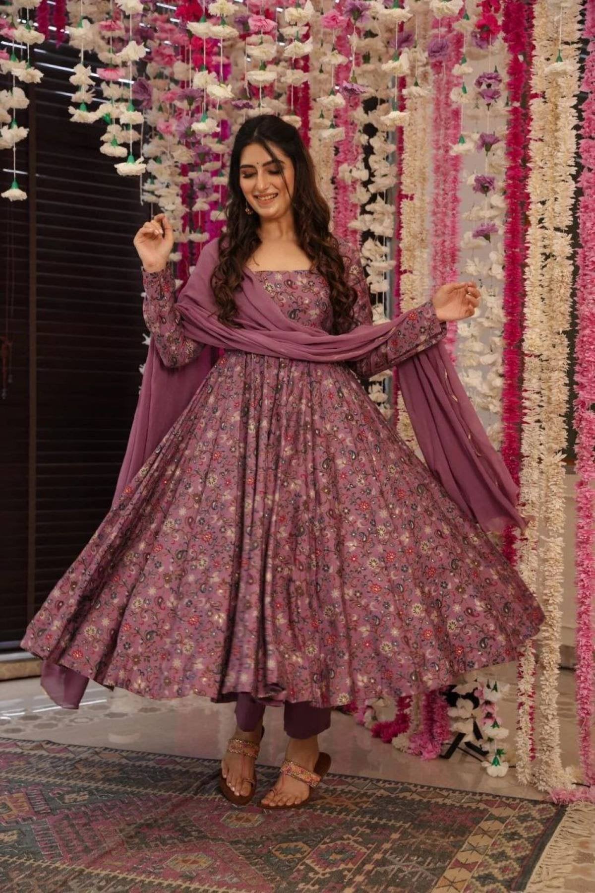 Floral Rayon Anarkali Kurta Set with Dupatta back view