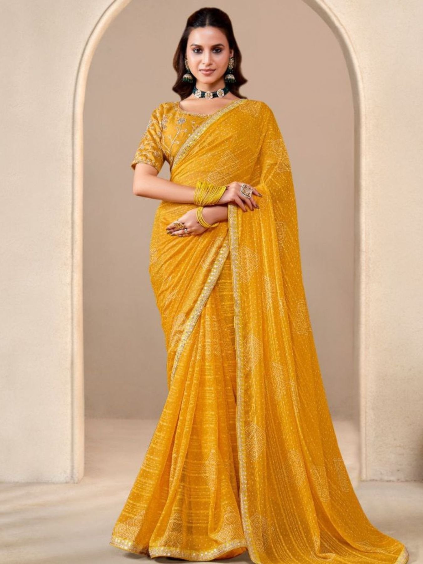 Yellow Georgette Saree for women - full front view | Snyvia