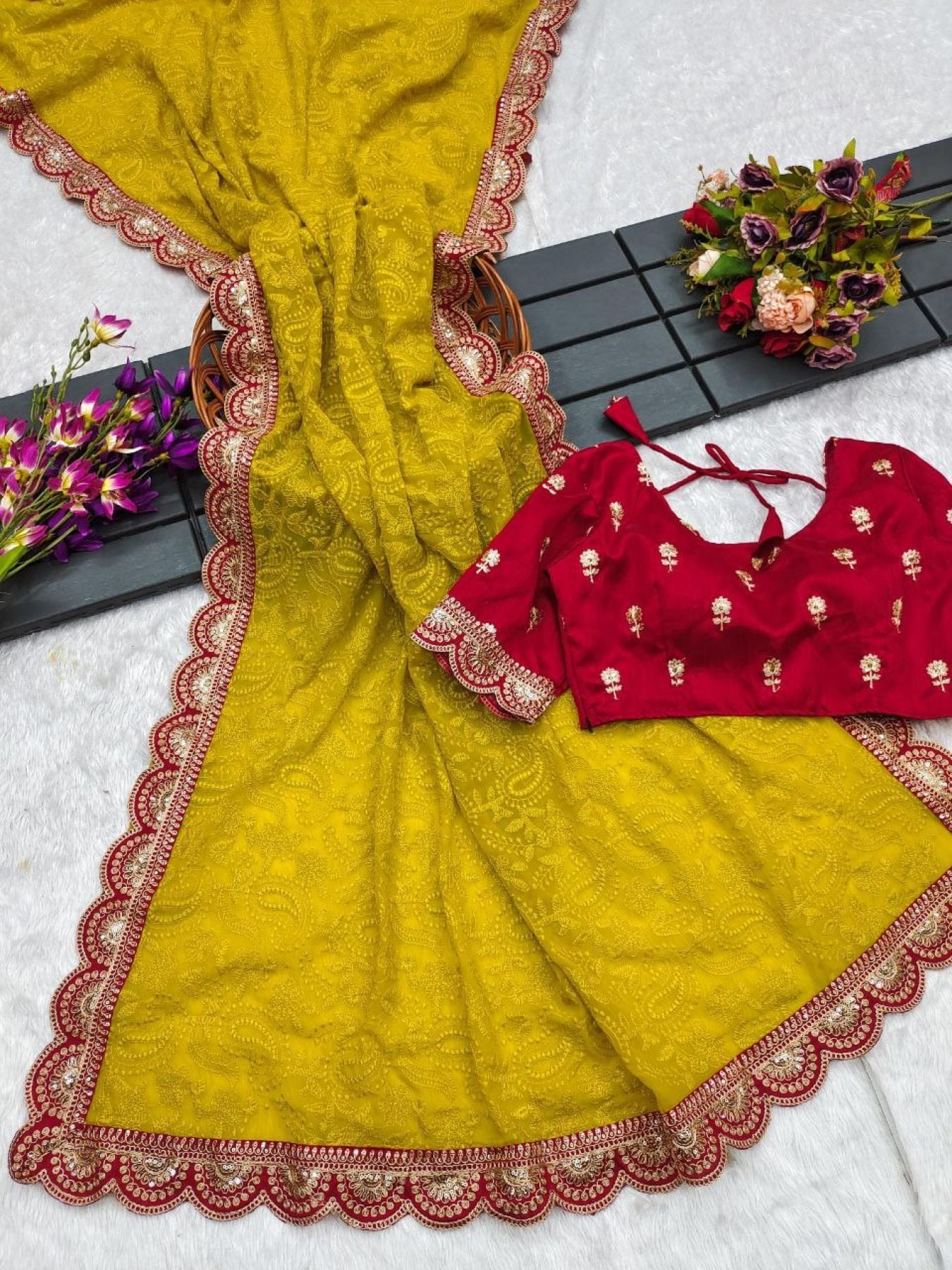Yellow Georgette Saree - side drape view