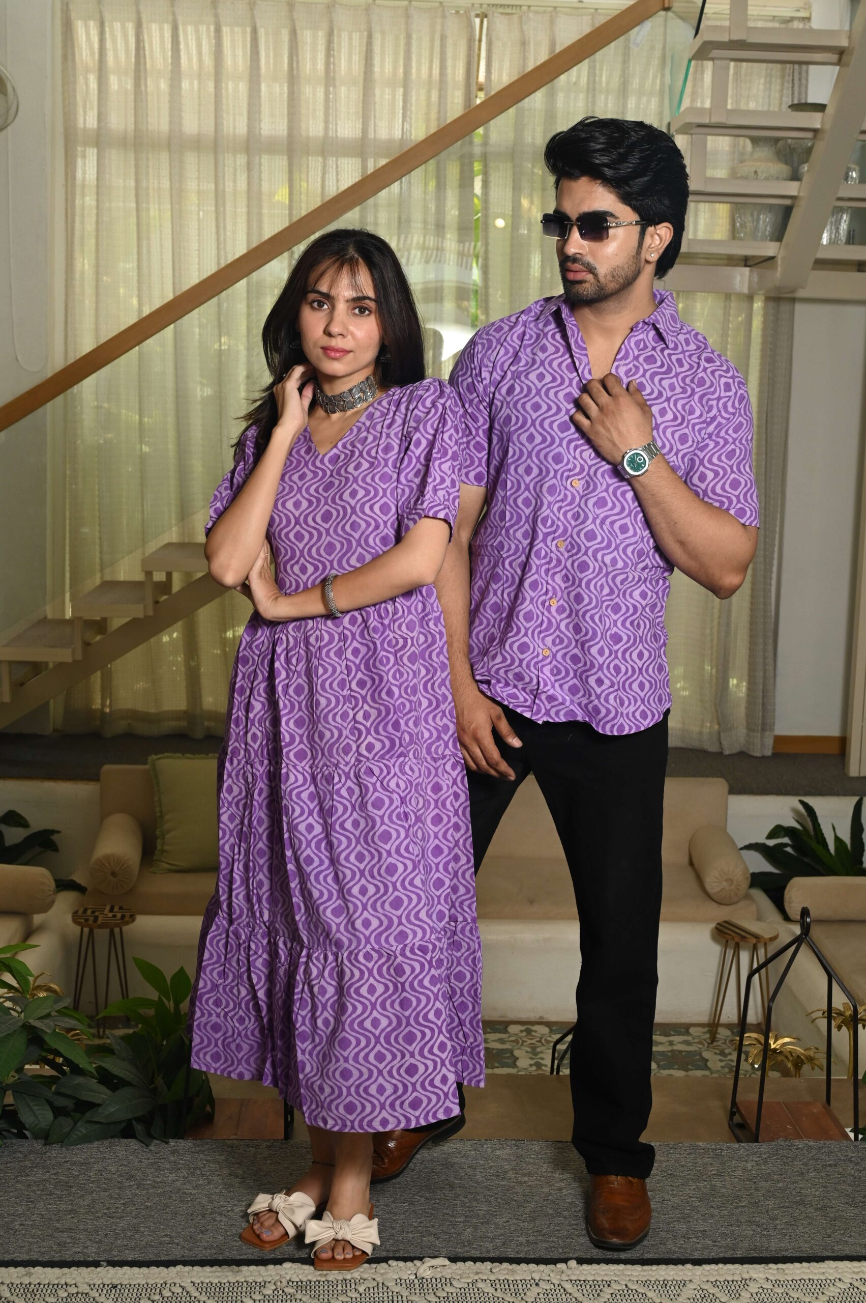 Couple Matching Purple Cotton Anarkali Midi Dress and Shirt Set ? Geometric Wave Print - Image 2