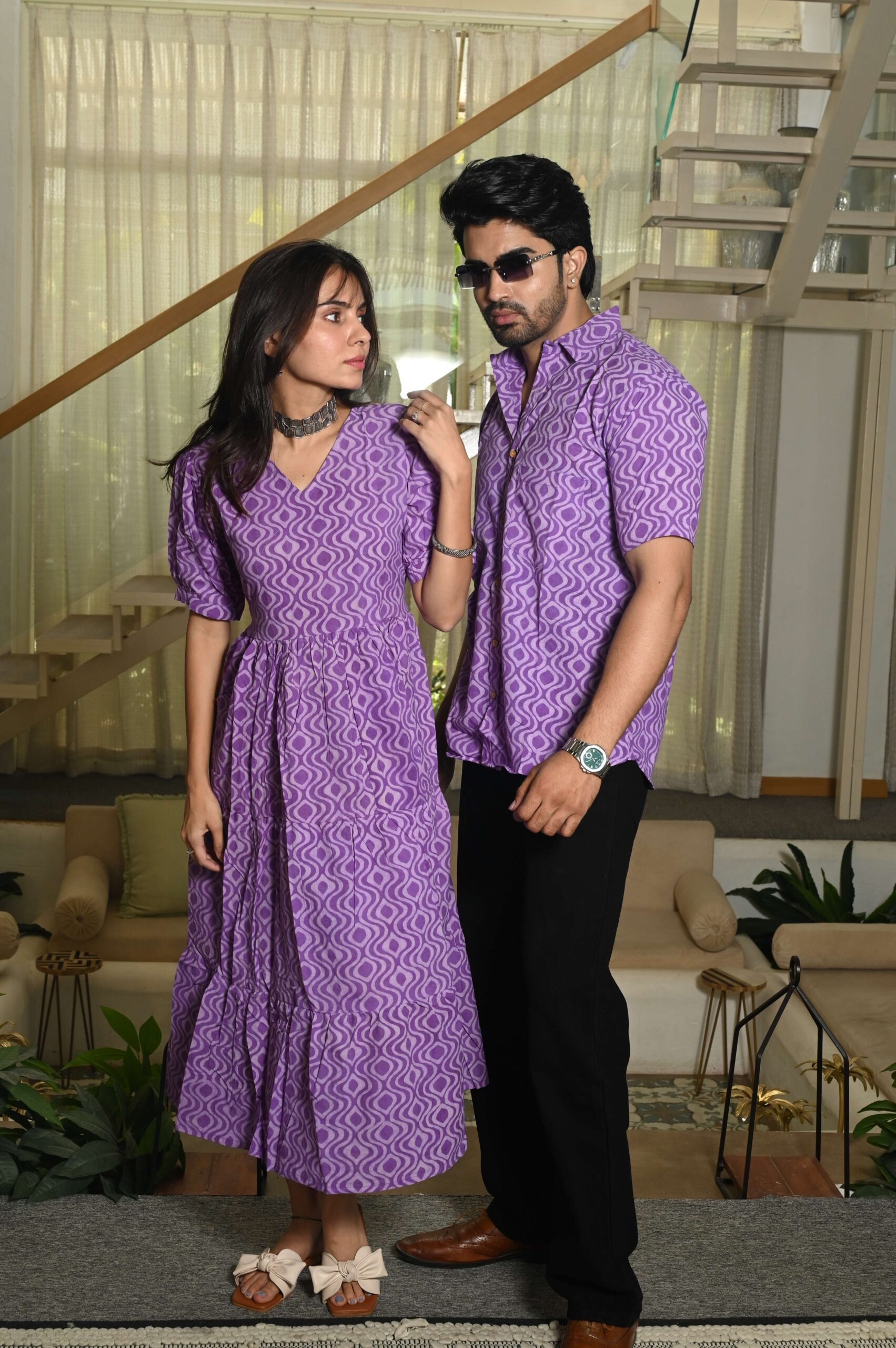 Couple Matching Purple Cotton Anarkali Midi Dress and Shirt Set ? Geometric Wave Print - Image 3