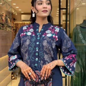 Women's Cotton Embroidery Straight Kurti With Pant Set