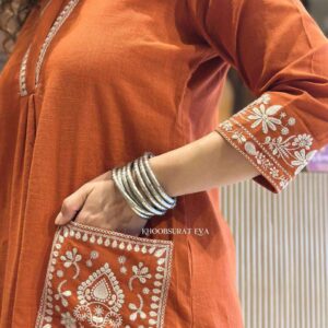 Women's Cotton Embroidery Straight Kurti With Pant Set